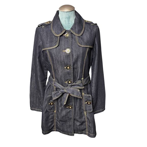 Baccini Denim Trench Coat Women’s Sz M Dark Wash Tie Belt Long Jacket Streetwear - Picture 1 of 9